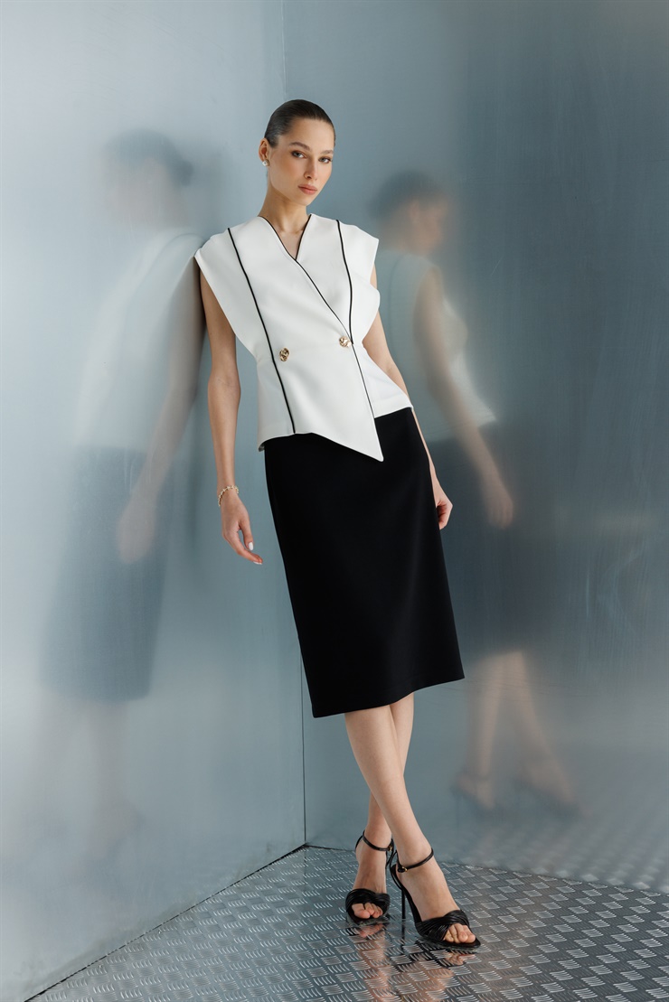 Modailgi  Biye Detaylı Kontrast Renk Kombinli Midi Boy Elbise Ekru/Siyah