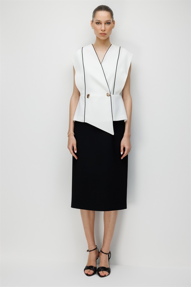 Modailgi  Biye Detaylı Kontrast Renk Kombinli Midi Boy Elbise Ekru/Siyah