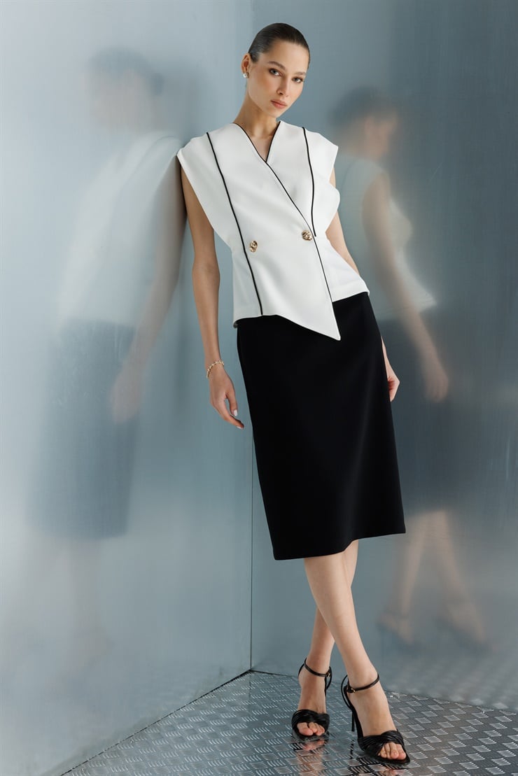 Modailgi  Biye Detaylı Kontrast Renk Kombinli Midi Boy Elbise Ekru/Siyah