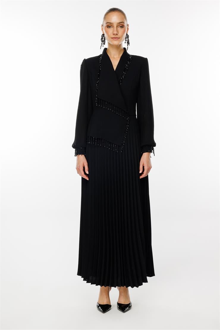 Modailgi  Boncuk Detaylı Piliseli Uzun Elbise Siyah