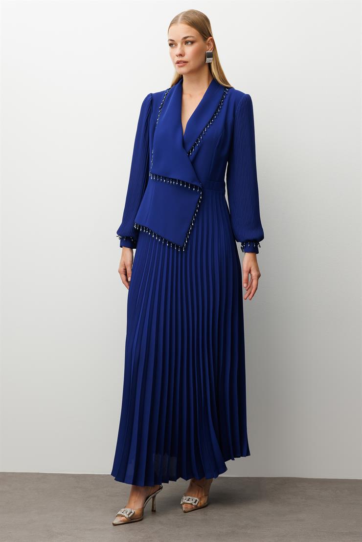 Modailgi  Boncuk Detaylı Piliseli Uzun Elbise Morcivert