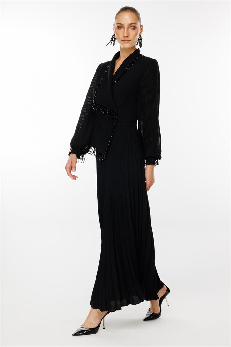 Modailgi  Boncuk Detaylı Piliseli Uzun Elbise Siyah