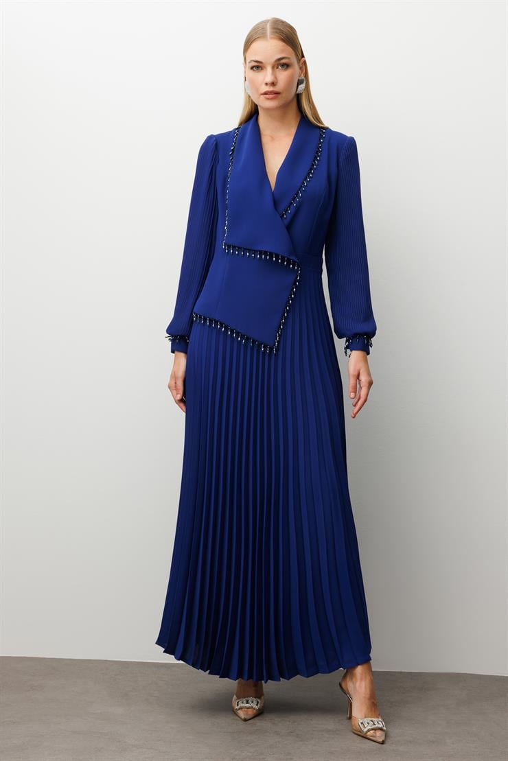 Modailgi  Boncuk Detaylı Piliseli Uzun Elbise Morcivert