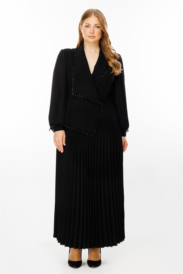 Modailgi  Boncuk Detaylı Piliseli Uzun Elbise Siyah