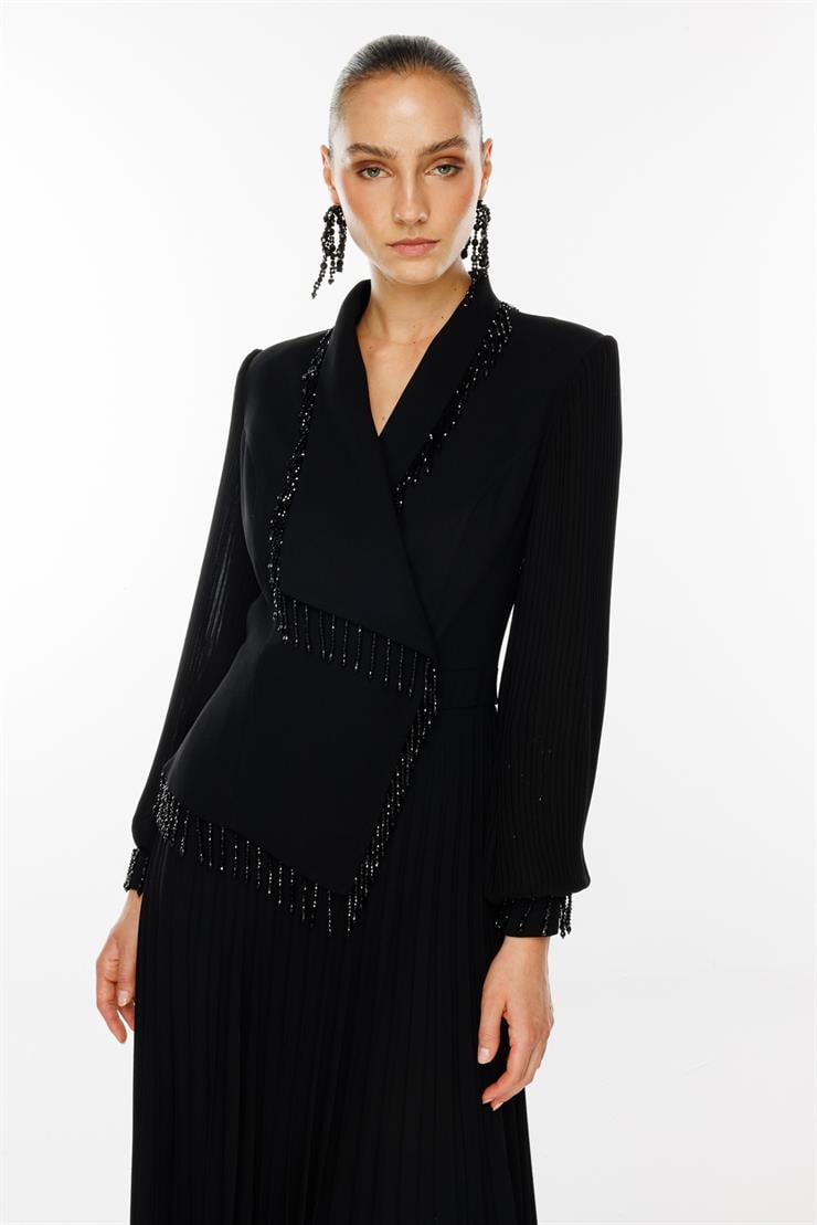 Modailgi  Boncuk Detaylı Piliseli Uzun Elbise Siyah