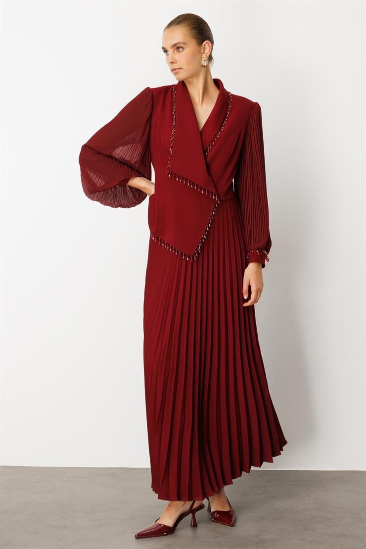 Modailgi  Boncuk Detaylı Piliseli Uzun Elbise Bordo