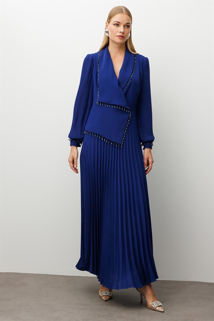 Modailgi  Boncuk Detaylı Piliseli Uzun Elbise Morcivert