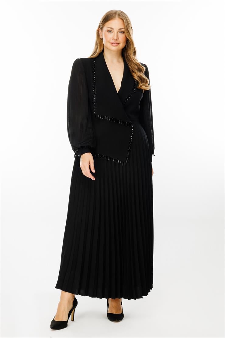 Modailgi  Boncuk Detaylı Piliseli Uzun Elbise Siyah
