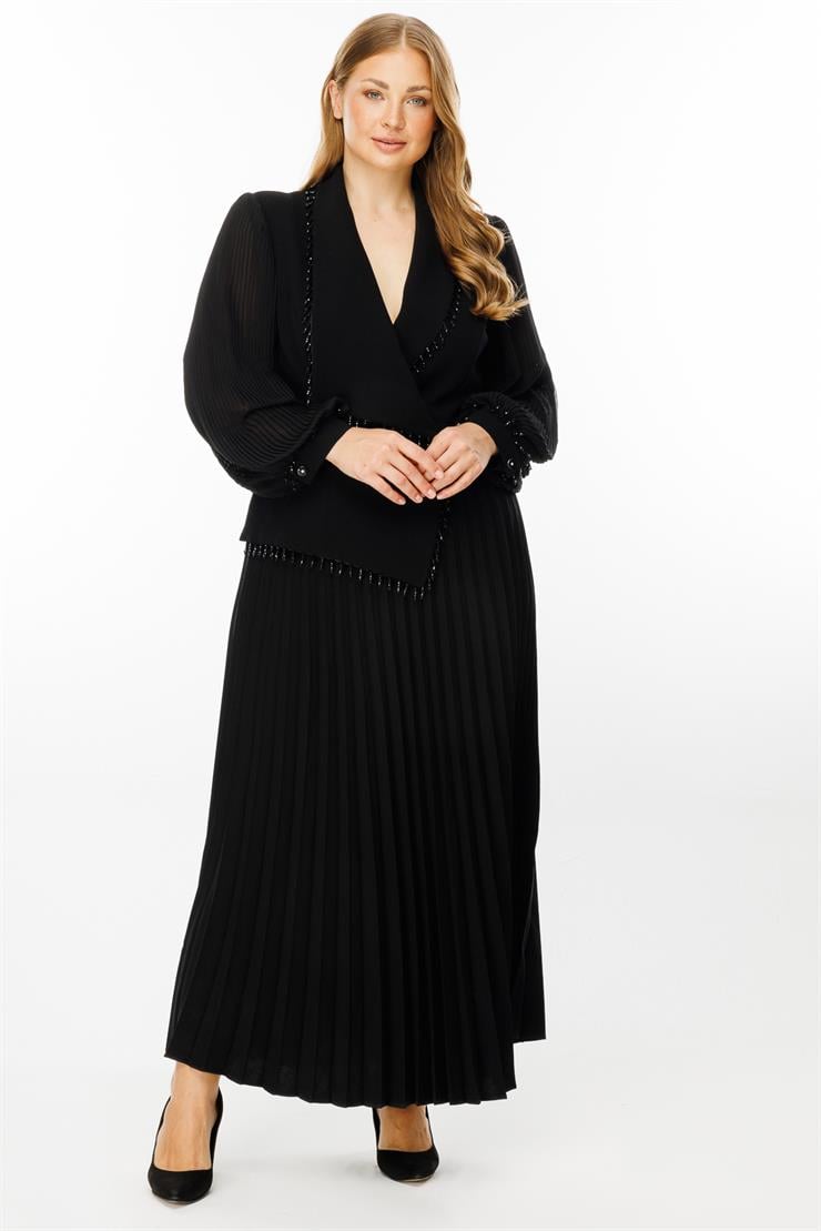 Modailgi  Boncuk Detaylı Piliseli Uzun Elbise Siyah
