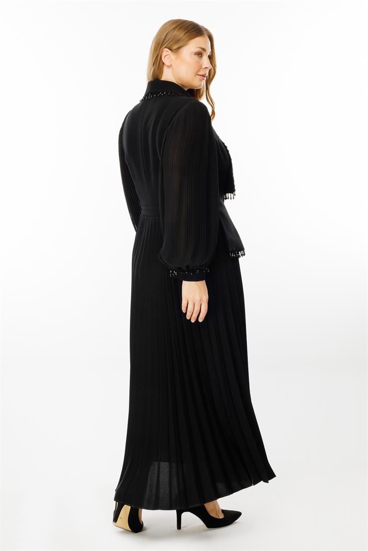 Modailgi  Boncuk Detaylı Piliseli Uzun Elbise Siyah