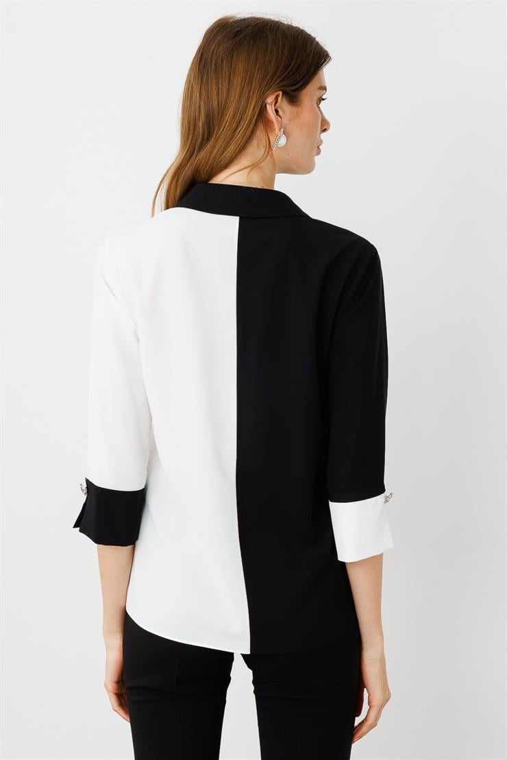 Modailgi  Broş Detaylı Bluz Siyah/Ekru
