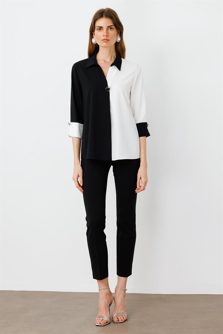 Modailgi  Broş Detaylı Bluz Siyah/Ekru