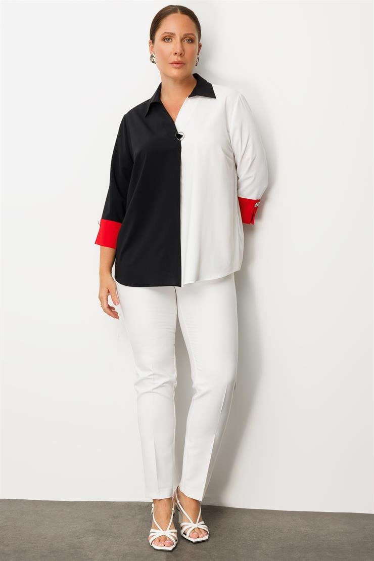 Modailgi  Broş Detaylı Bluz Siyah/Kırmızı