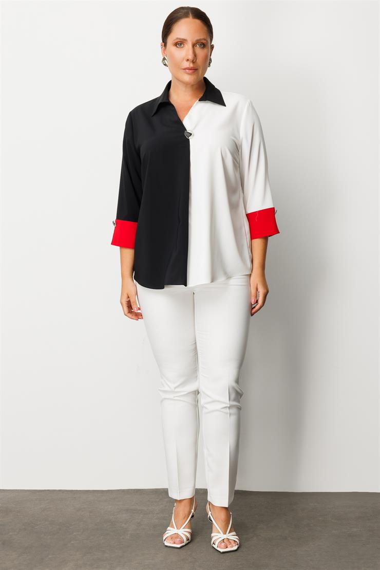 Modailgi  Broş Detaylı Bluz Siyah/Kırmızı