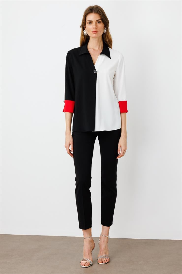 Modailgi  Broş Detaylı Bluz Siyah/Kırmızı