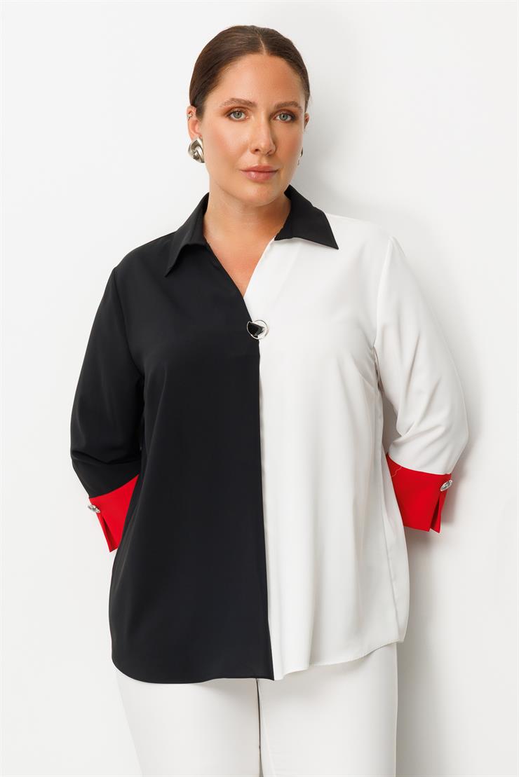 Modailgi  Broş Detaylı Bluz Siyah/Kırmızı