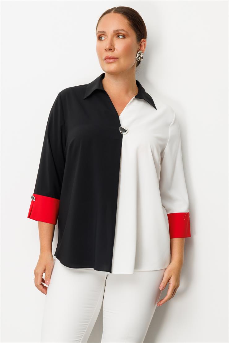 Modailgi  Broş Detaylı Bluz Siyah/Kırmızı
