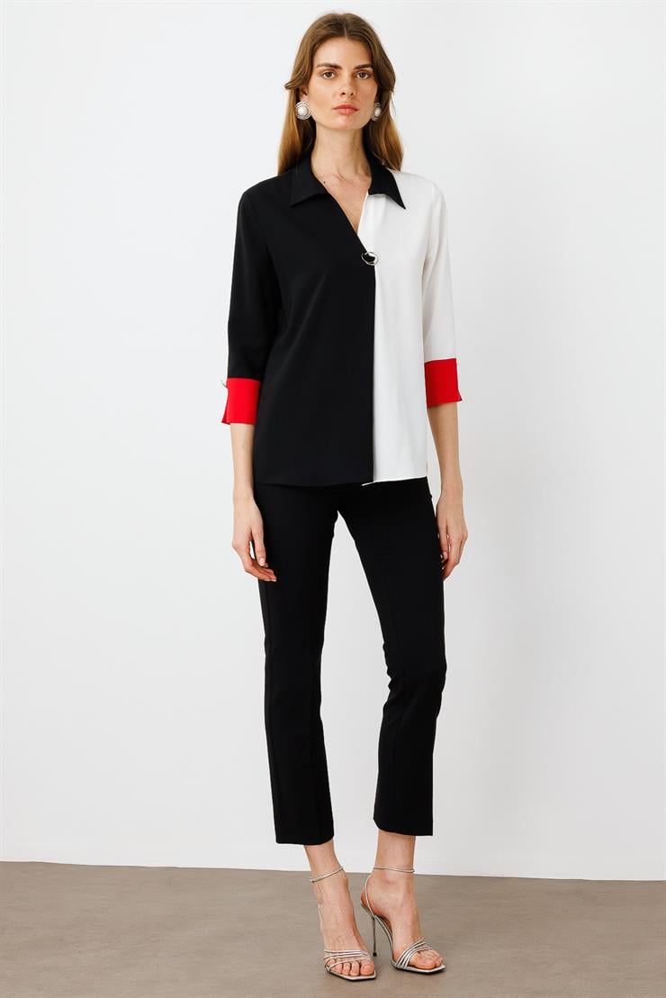 Modailgi  Broş Detaylı Bluz Siyah/Kırmızı