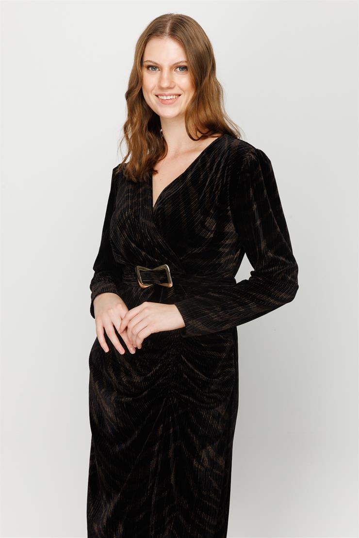 Modailgi  Büzgü Detaylı Desenli Kadife Elbise Kahve