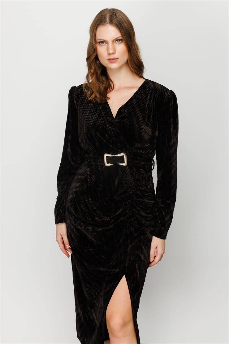 Modailgi  Büzgü Detaylı Desenli Kadife Elbise Kahve