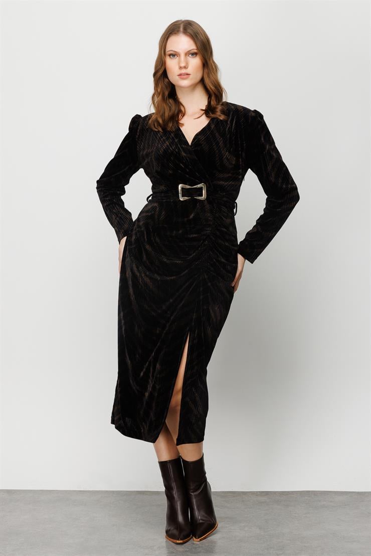 Modailgi  Büzgü Detaylı Desenli Kadife Elbise Kahve