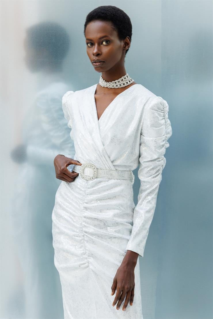 Modailgi  Büzgü Detaylı Kruvaze Payet Elbise Ekru