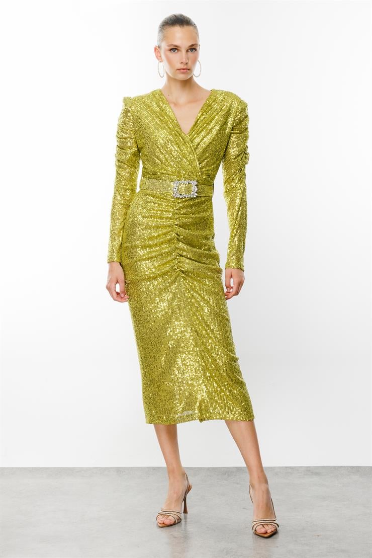 Modailgi  Büzgü Detaylı Payet Elbise Asit