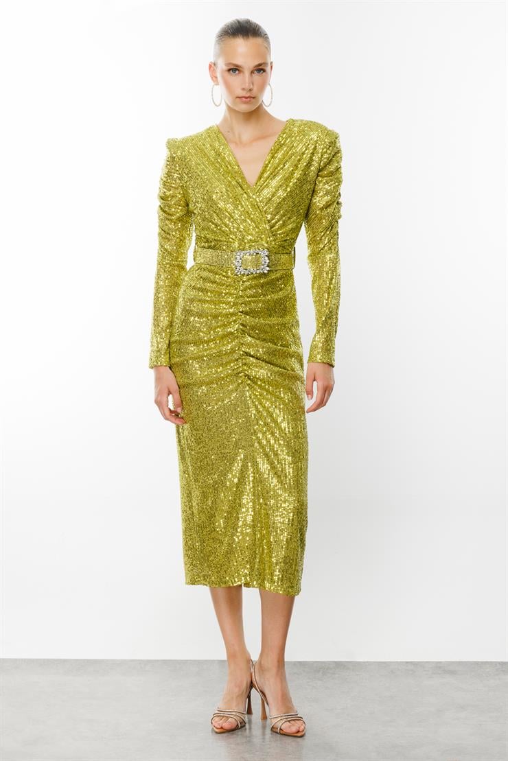 Modailgi  Büzgü Detaylı Payet Elbise Asit