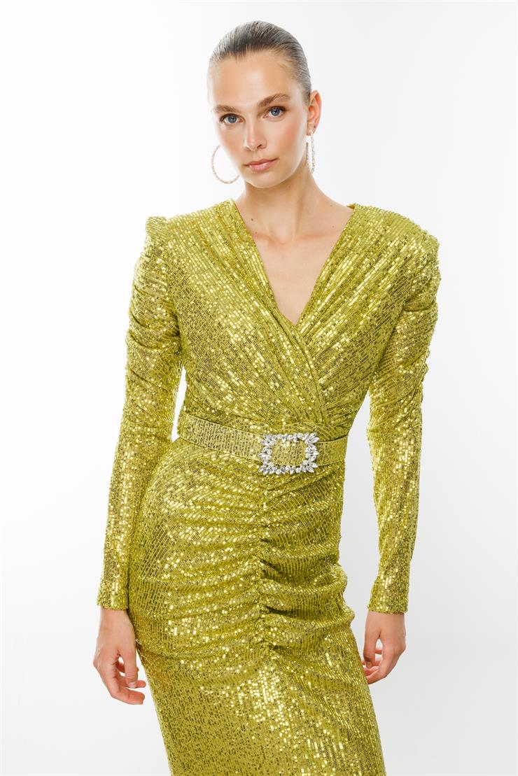 Modailgi  Büzgü Detaylı Payet Elbise Asit