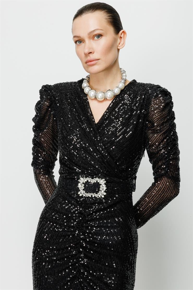 Modailgi  Büzgü Detaylı Payet Elbise Siyah