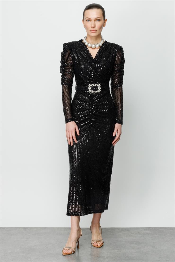 Modailgi  Büzgü Detaylı Payet Elbise Siyah