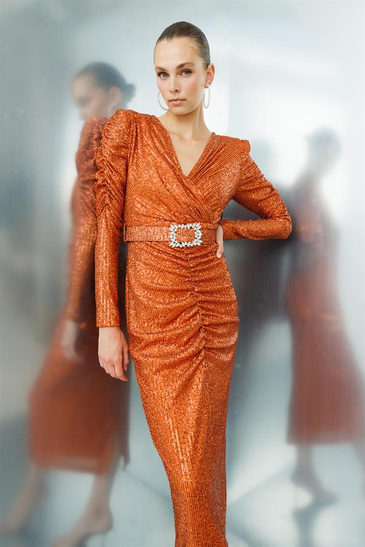 Modailgi  Büzgü Detaylı Payet Elbise Tarçın