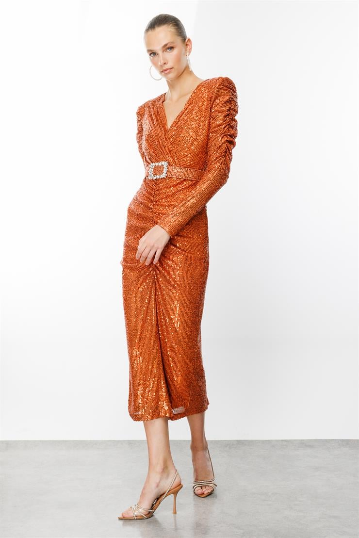 Modailgi  Büzgü Detaylı Payet Elbise Tarçın