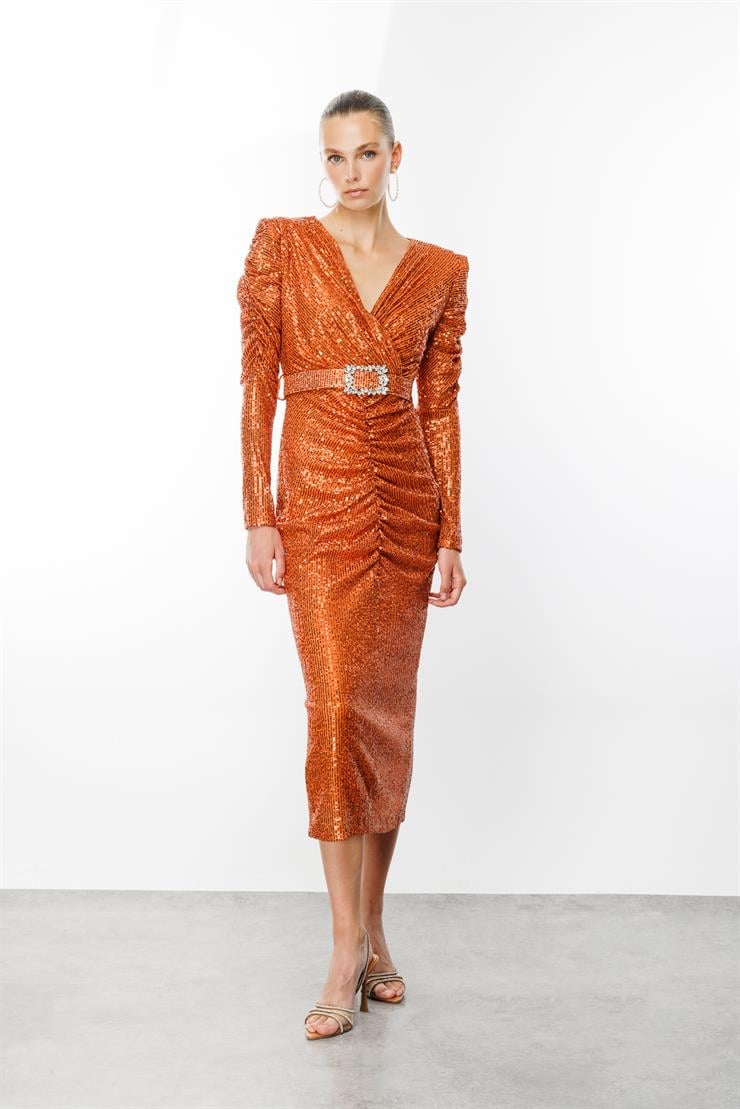 Modailgi  Büzgü Detaylı Payet Elbise Tarçın