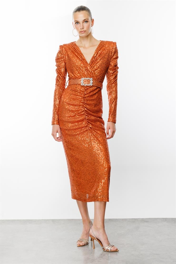 Modailgi  Büzgü Detaylı Payet Elbise Tarçın