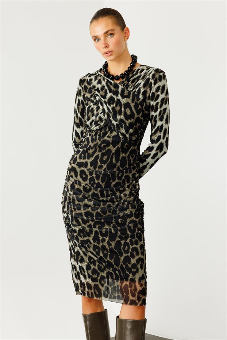 Modailgi  Büzgü Detaylı V Yaka Leopar Desen Elbise Haki