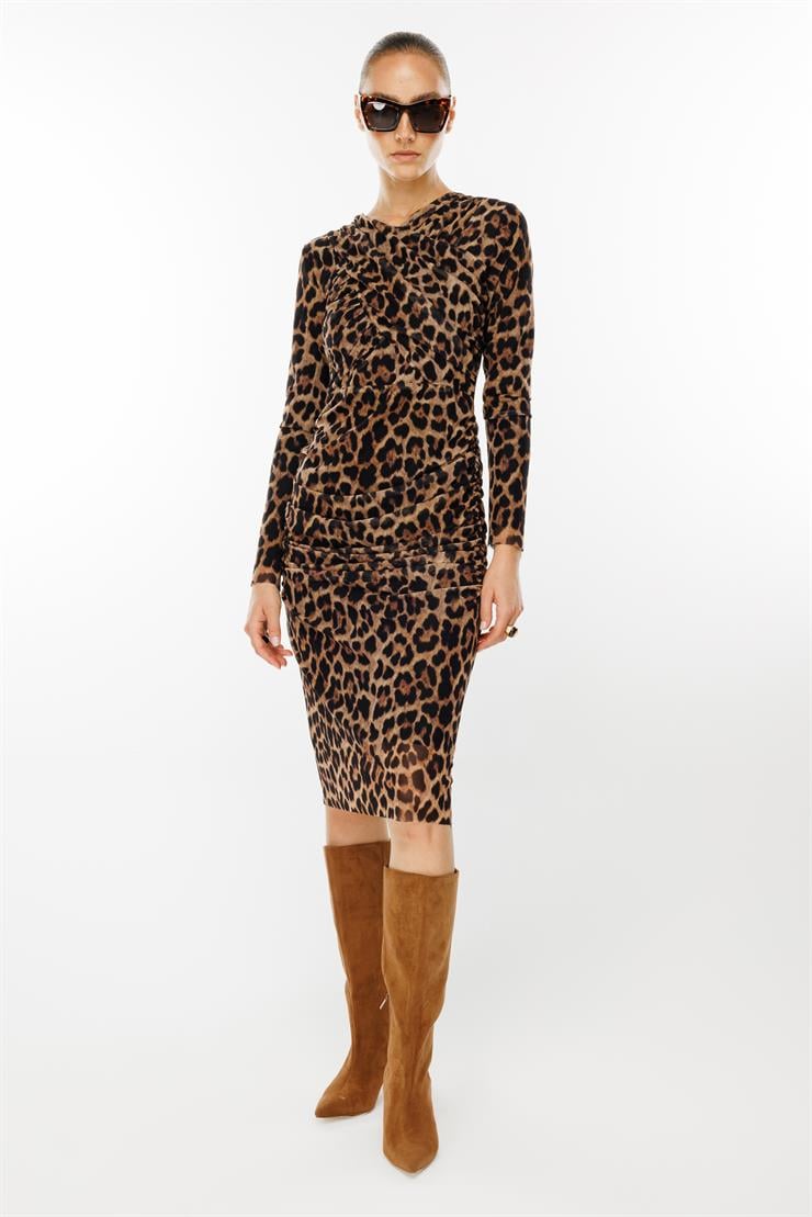 Modailgi  Büzgü Detaylı V Yaka Leopar Desen Elbise Vizon