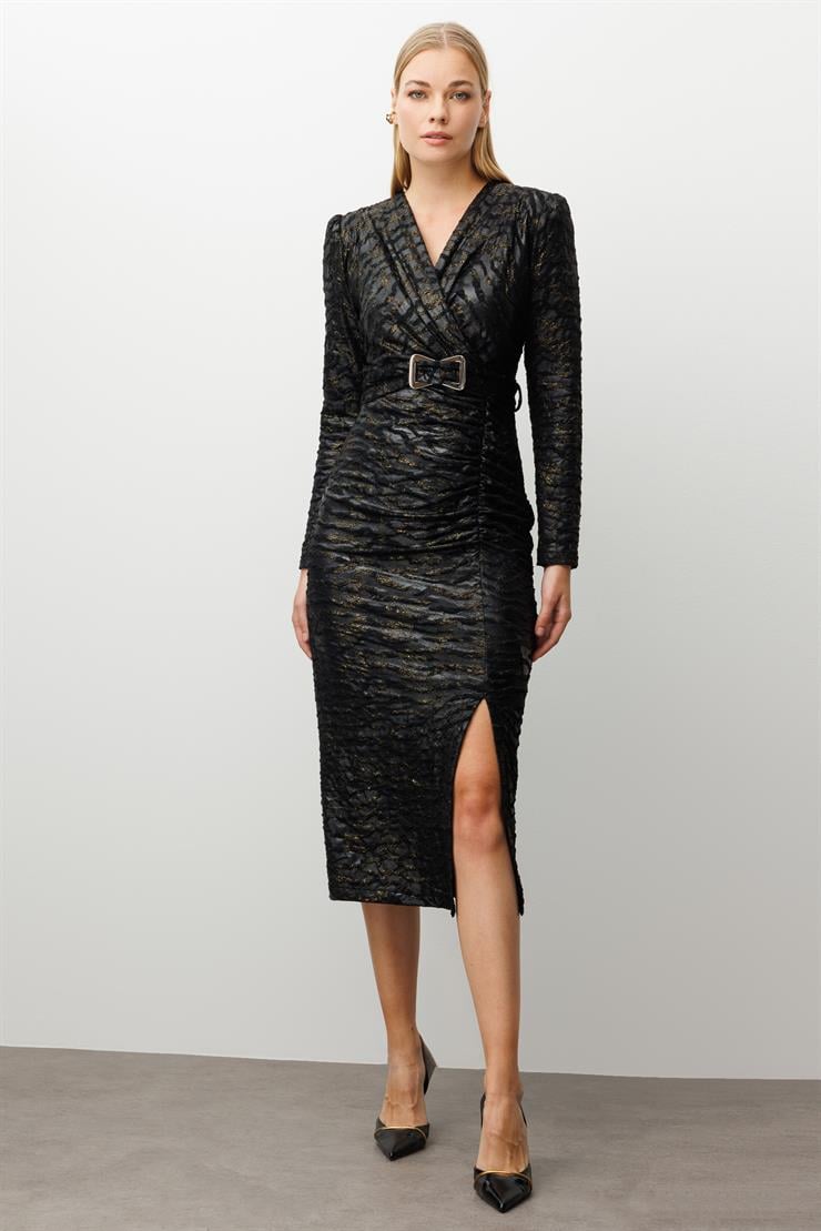 Modailgi  Büzgülü Kruvaze Kapama Beli Kemerli Örme Elbise Siyah