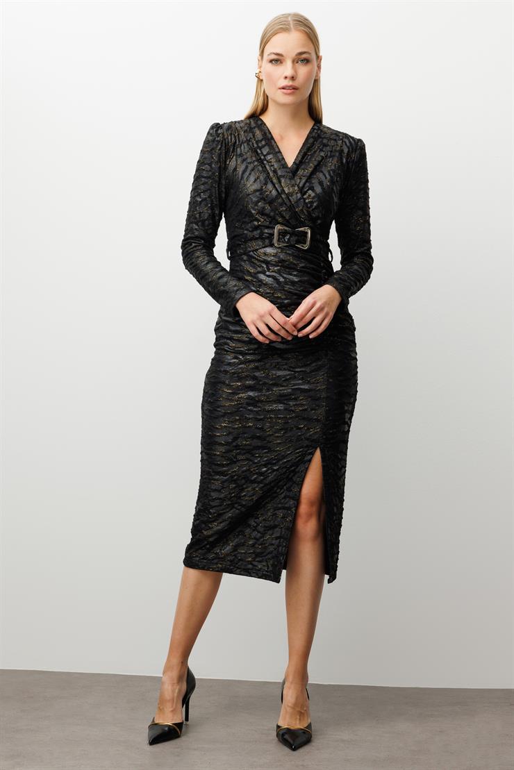 Modailgi  Büzgülü Kruvaze Kapama Beli Kemerli Örme Elbise Siyah