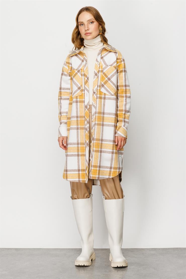 Modailgi  Cep Detaylı Ekose Uzun Tunik Hardal