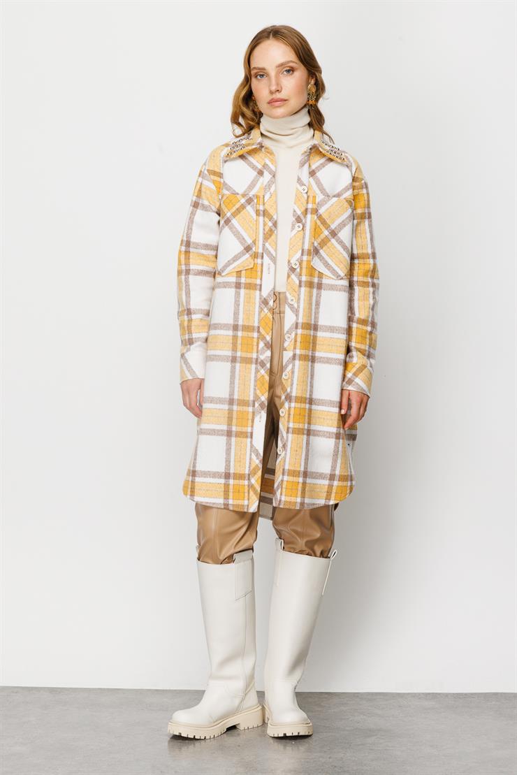 Modailgi  Cep Detaylı Ekose Uzun Tunik Hardal