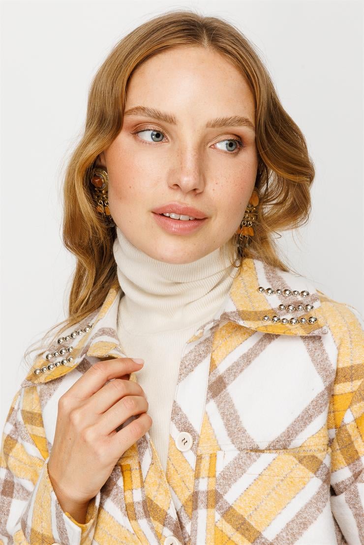 Modailgi  Cep Detaylı Ekose Uzun Tunik Hardal