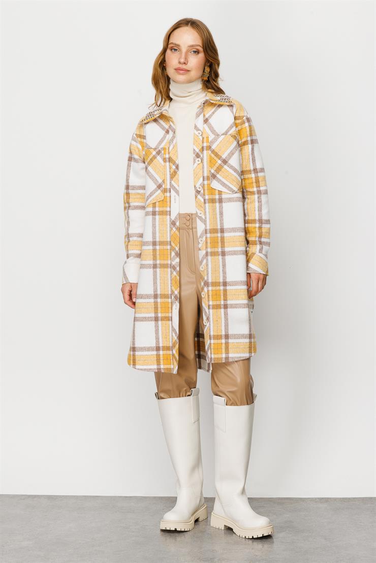 Modailgi  Cep Detaylı Ekose Uzun Tunik Hardal