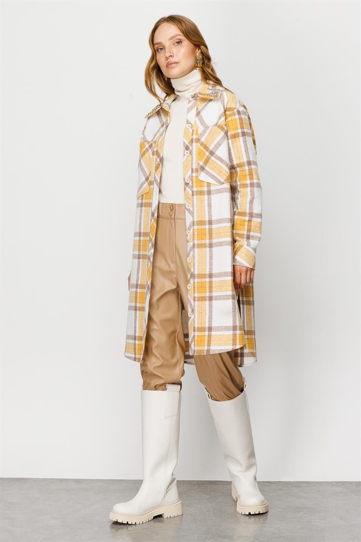 Modailgi  Cep Detaylı Ekose Uzun Tunik Hardal