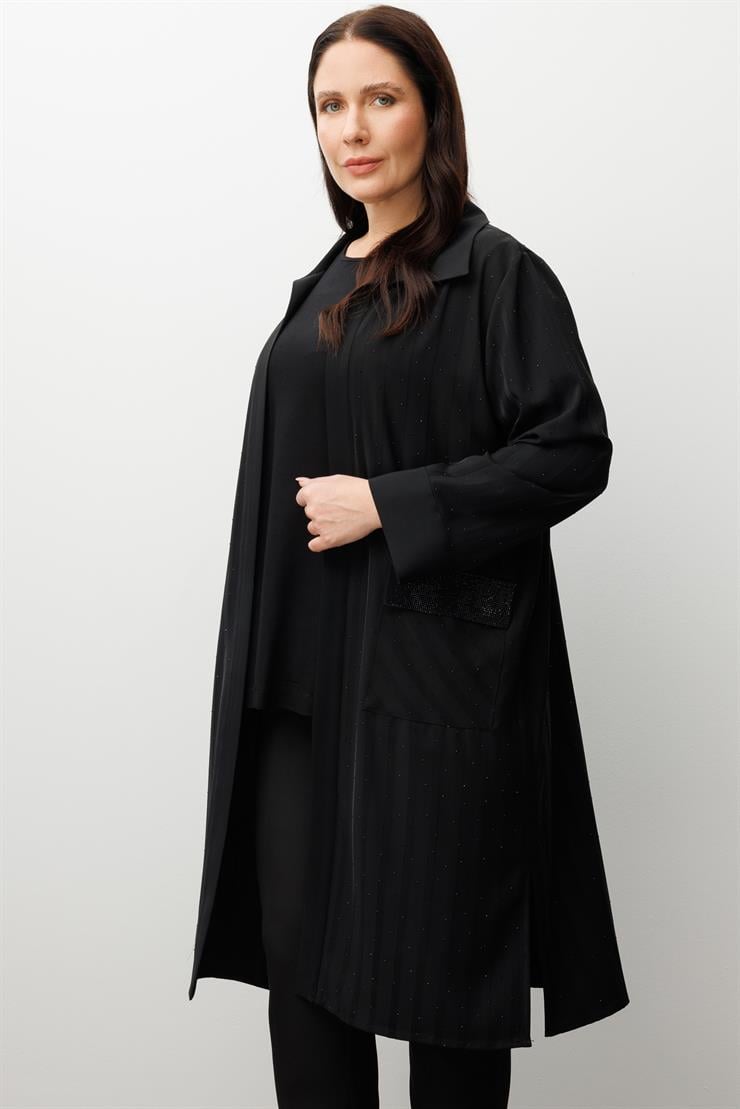 Modailgi  Cep Kapakları Taşlı Uzun İkili Takım Siyah