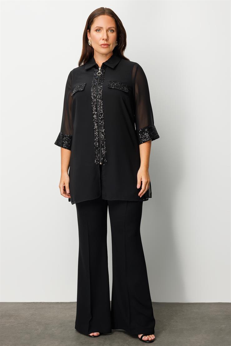 Modailgi  Cep Kapakları Ve Önü Pul Payet Detaylı İkili Takım Siyah