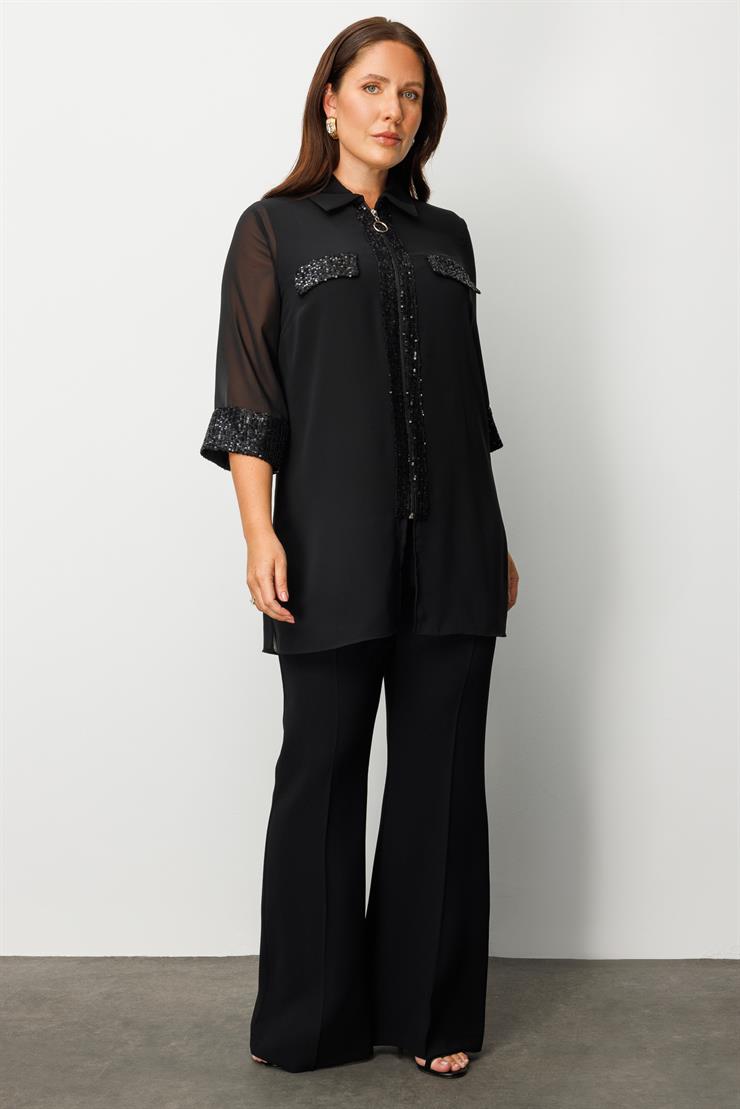 Modailgi  Cep Kapakları Ve Önü Pul Payet Detaylı İkili Takım Siyah