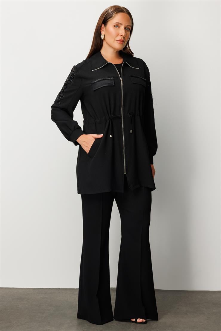 Modailgi  Cep Kapaklı Beli Büzgülü Kolu Aksesuarlı Tunik Siyah