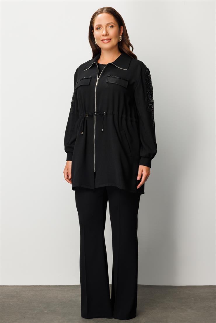 Modailgi  Cep Kapaklı Beli Büzgülü Kolu Aksesuarlı Tunik Siyah