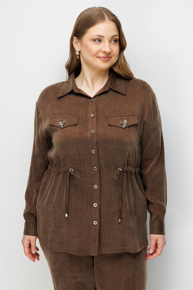 Modailgi  Cep Kapaklı Beli Büzgülü Kupra Kumaş Gömlek Kahve